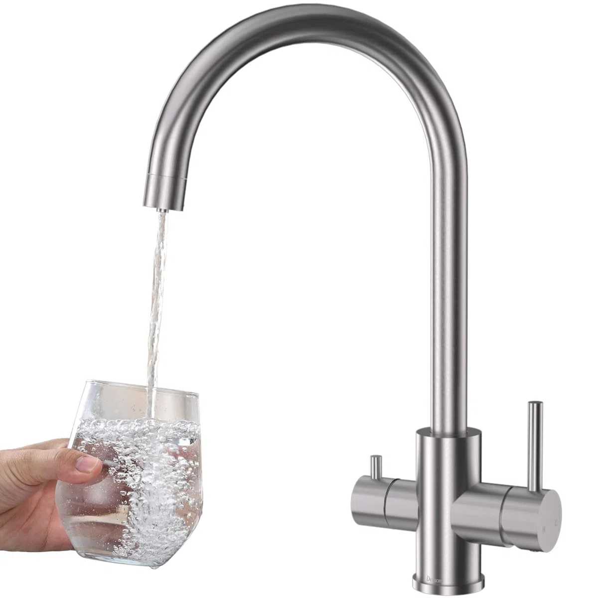 Rubinetto Lavello Cucina 3 Vie, DETBOM Miscelatore da Cucina per Sistemi Osmosi, 3 in 1 Acqua Potabile a Doppia Leva, Calda e Fredda, Girevole a 360°, Acciaio Inox, Argento Spazzolato