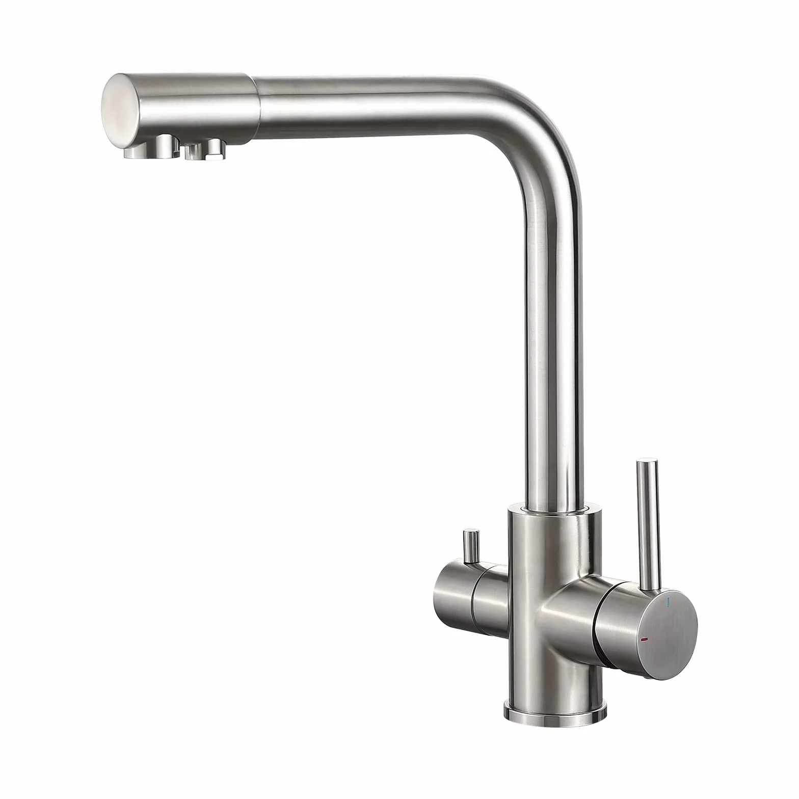 IBERGRIF M22109A Rubinetto Filtro Acqua 3 Vie, Rubinetti Cucina Miscelatore Lavello Miscelatore Girevole con 2 Maniglie, Rubinetto Acqua Calda, Fredda e Filtro per Cucina, Nichel Spazzolato