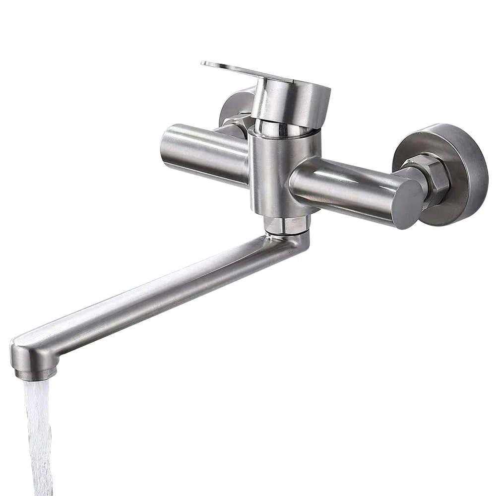 Rubinetto da parete girevole in acciaio inox, rubinetto da cucina, miscelatore monocomando a leva fredda e calda, montaggio a parete, 28 cm, braccio girevole a 360°, spazzolato, argento