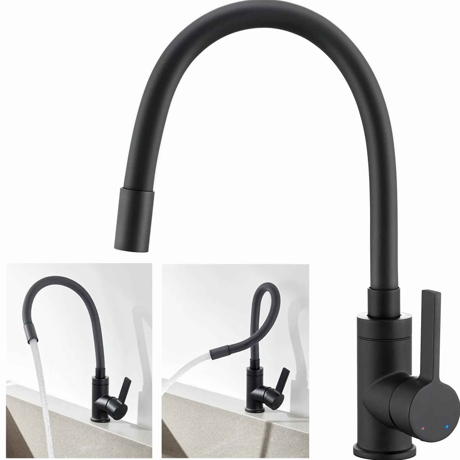 Auralum Rubinetto Lavello Cucina, Rubinetto Cucina Nero con Beccuccio Flessibile, Miscelatore Cucina Girevole a 360°, Monocomando da Alta Pressione, Acciaio Inossidabile