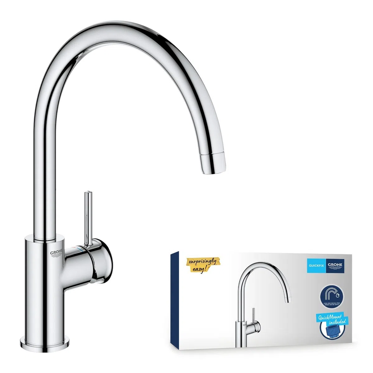 GROHE Start Classic 31553001 - Rubinetto monocomando per lavello (beccuccio C, angolo di rotazione 360°, collegamento flessibile, con strumento di montaggio), cromato