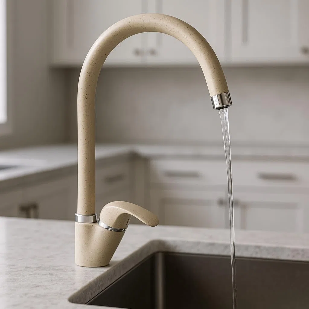 MAKA Rubinetto Lavello Cucina Avena, in Acciaio Inox - Girevole a 360° - Miscelatore Cucina con Accessori per Montaggio, Miscelatore Monocomando Beige Opaco, Rubinetto con Flessibili (Collo Alto)