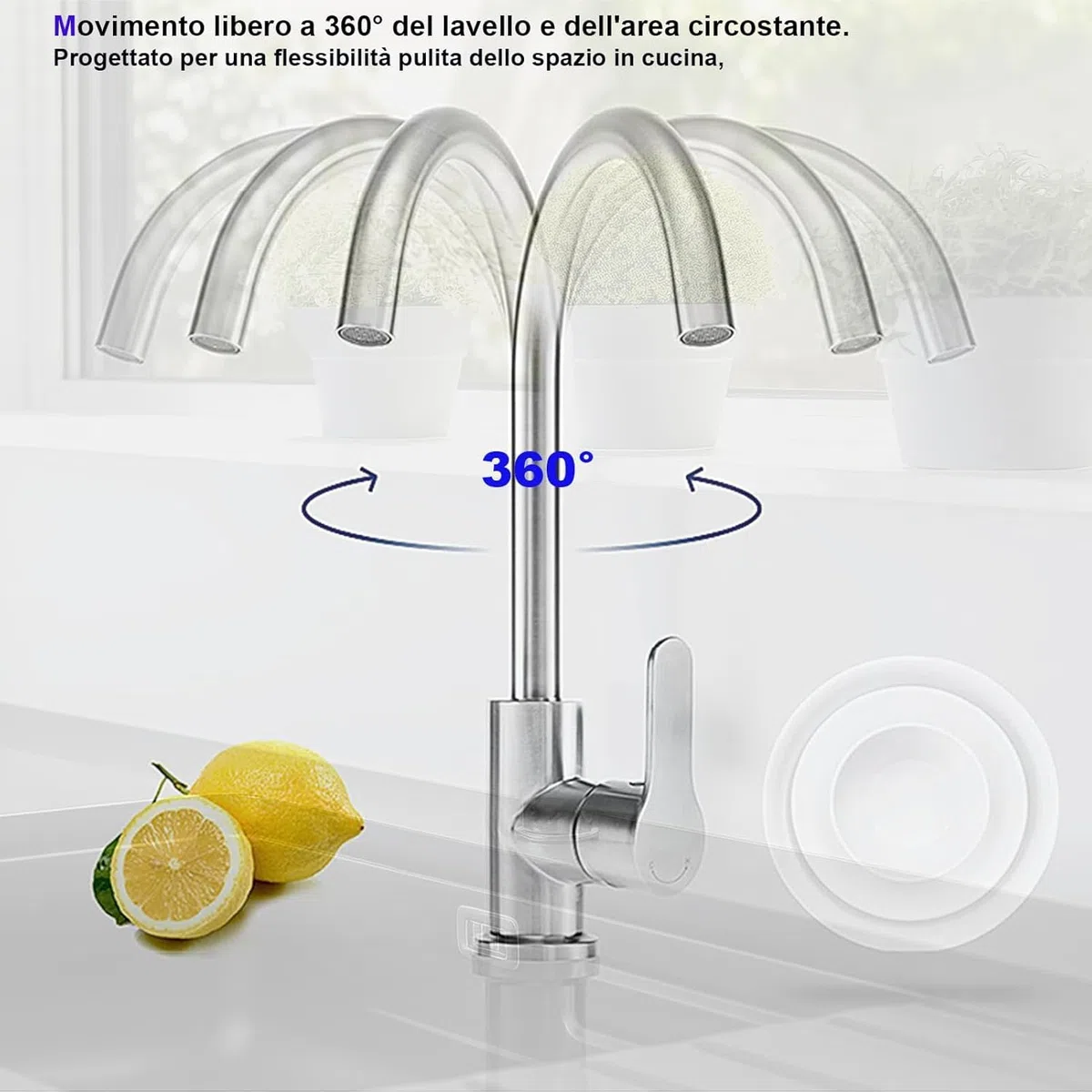 miscelatore rotante a 360° caldo e freddo per cucina in acciaio inox, miscelatore monocomando per lavello doppio, antigoccia con rubinetto silenzioso per lavello per verdure (spazzolato)