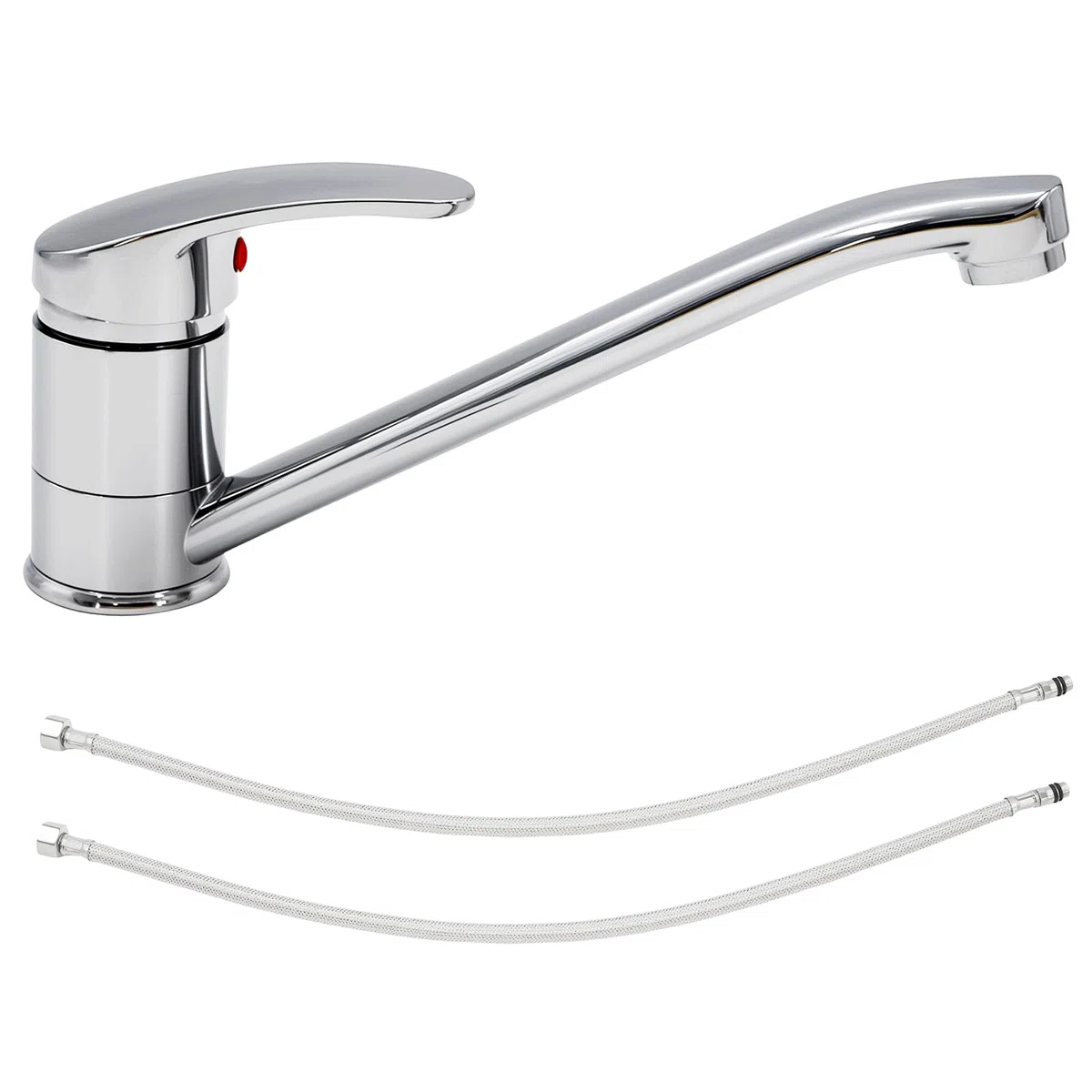 Rubinetto da cucina cromato con miscelatore monocomando in acciaio inox cromato con cartuccia valvola in ceramica e miscelatore girevole a 360°. Include due tubi per acqua calda/fredda da 60 cm