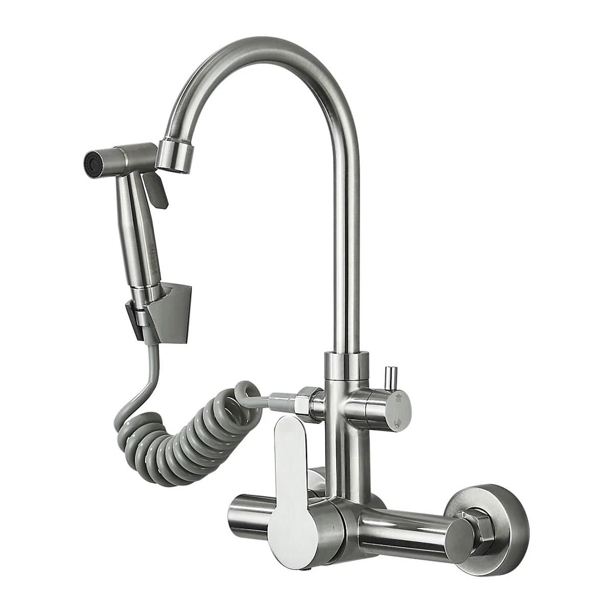 Rubinetto da cucina da parete, con pistola a spruzzo, girevole a 360°, in acciaio inox