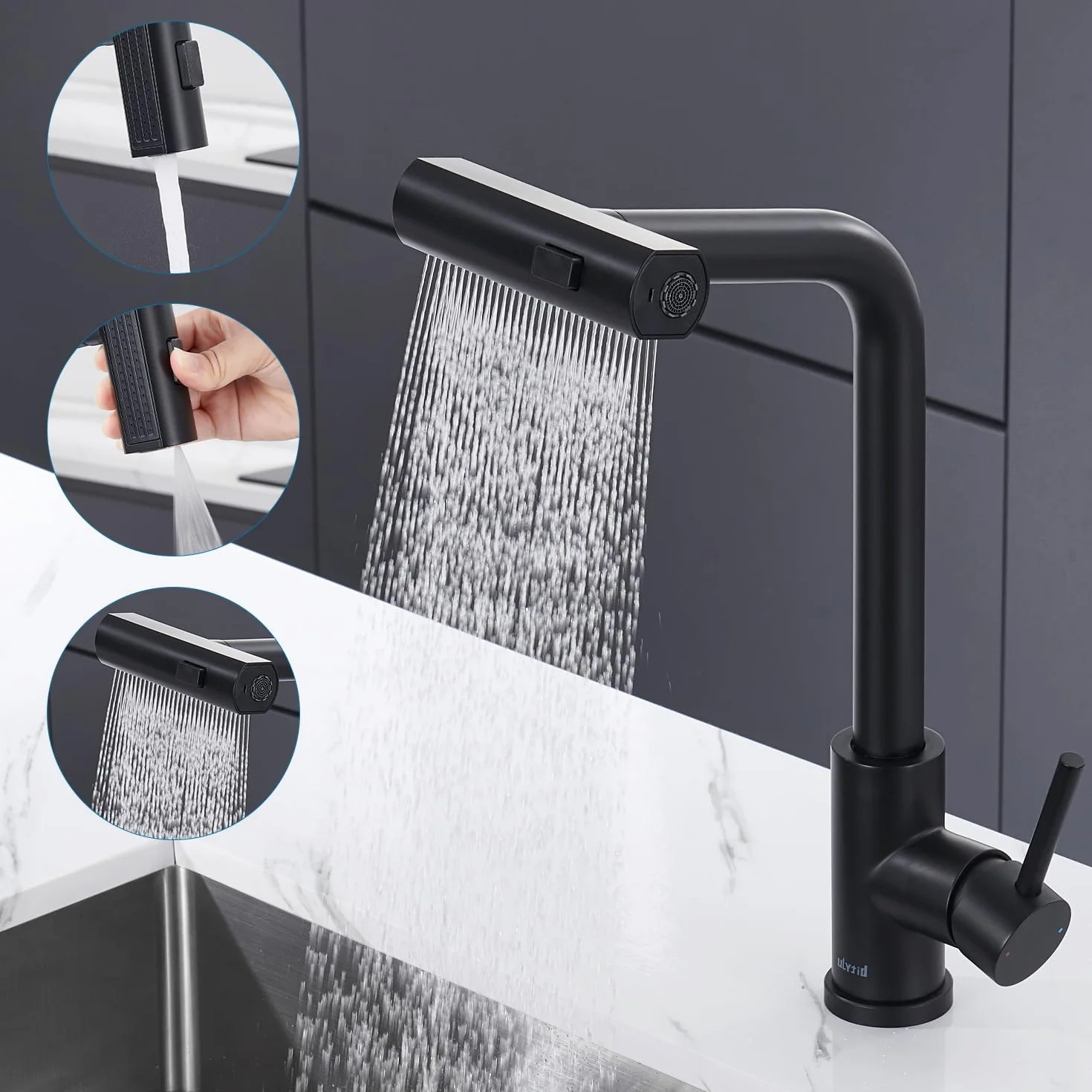 Rubinetto Lavello Cucina con Doccetta Estraibile, Rubinetto Cucina Nero Cascata a 3 Modalità, Miscelatore Cucina Girevole a 360° in Acciaio Inox, Acqua Calda e Fredda, Finitura Nero Opaco