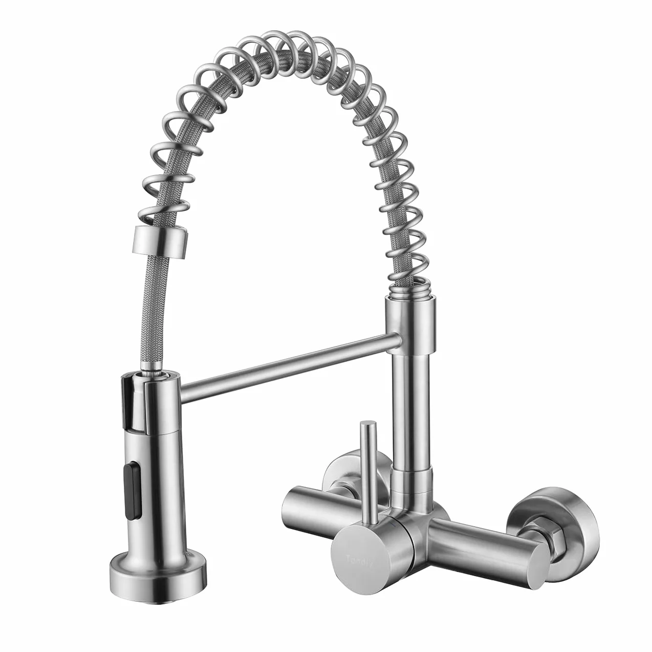 Rubinetto Cucina Flessibile a Parete 15cm (± 1,5cm) con Doccetta a 2 Modalità, Miscelatore Monocomando a Muro Girevole a 360°, Rubinetti Molla per Lavello, Acciaio Inox 304, Aeratore Rimovibile