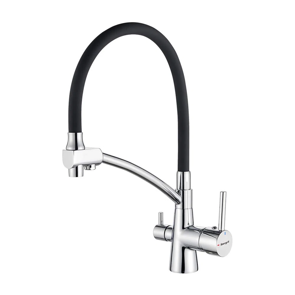 Ibergrif Rubinetto 3 Vie Cucina,Rubinetto per Cucina a Girevole a 360°, Miscelatore per Lavello Con Beccuccio Flessibile, Rubinetto per Lavello Da Cucina per Acqua Fredda e Calda e Filtro