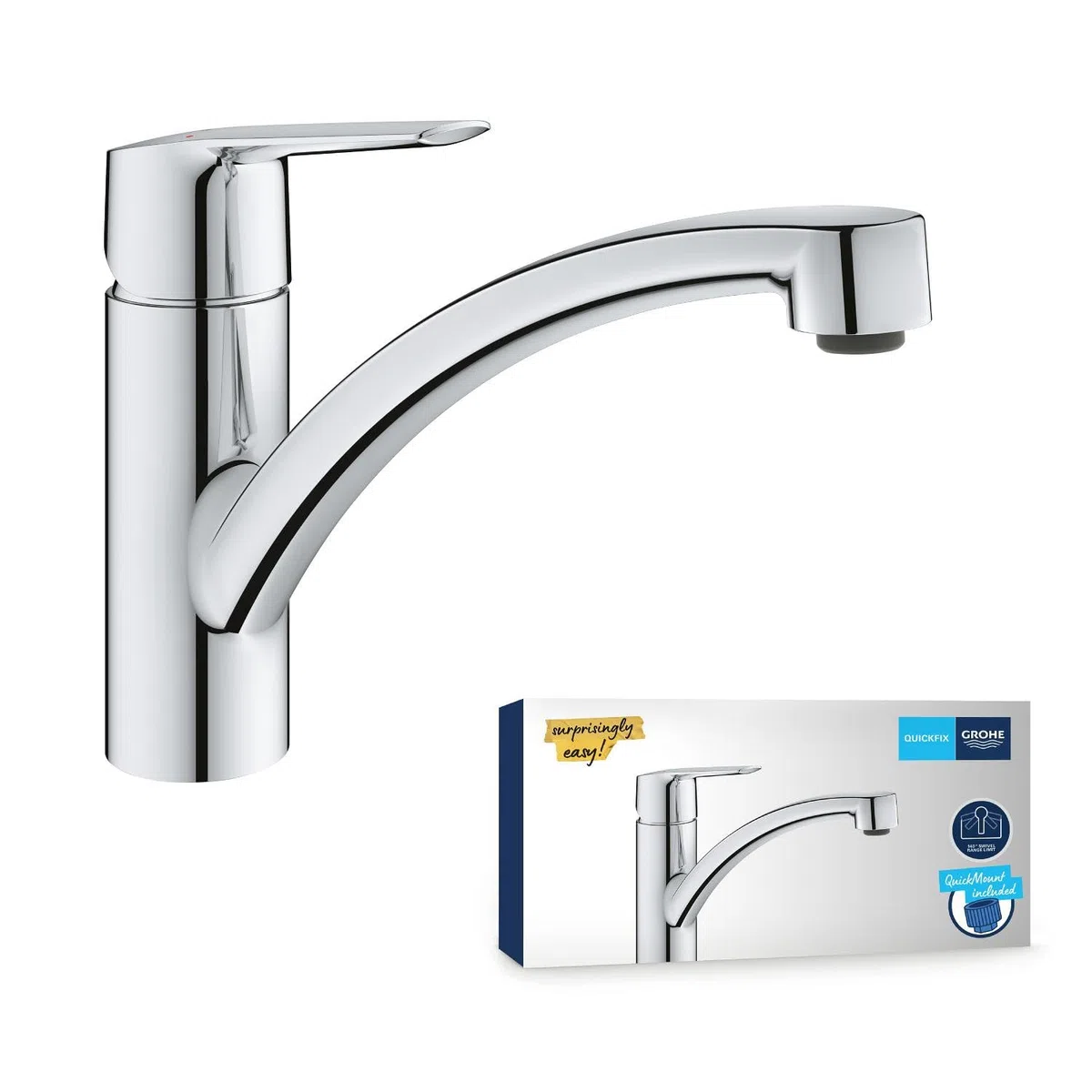 GROHE QUICKFIX Start Rubinetto Miscelatore Monocomando per Lavello, Cromo, Bocca girevole, Strumento di Installazione Incluso