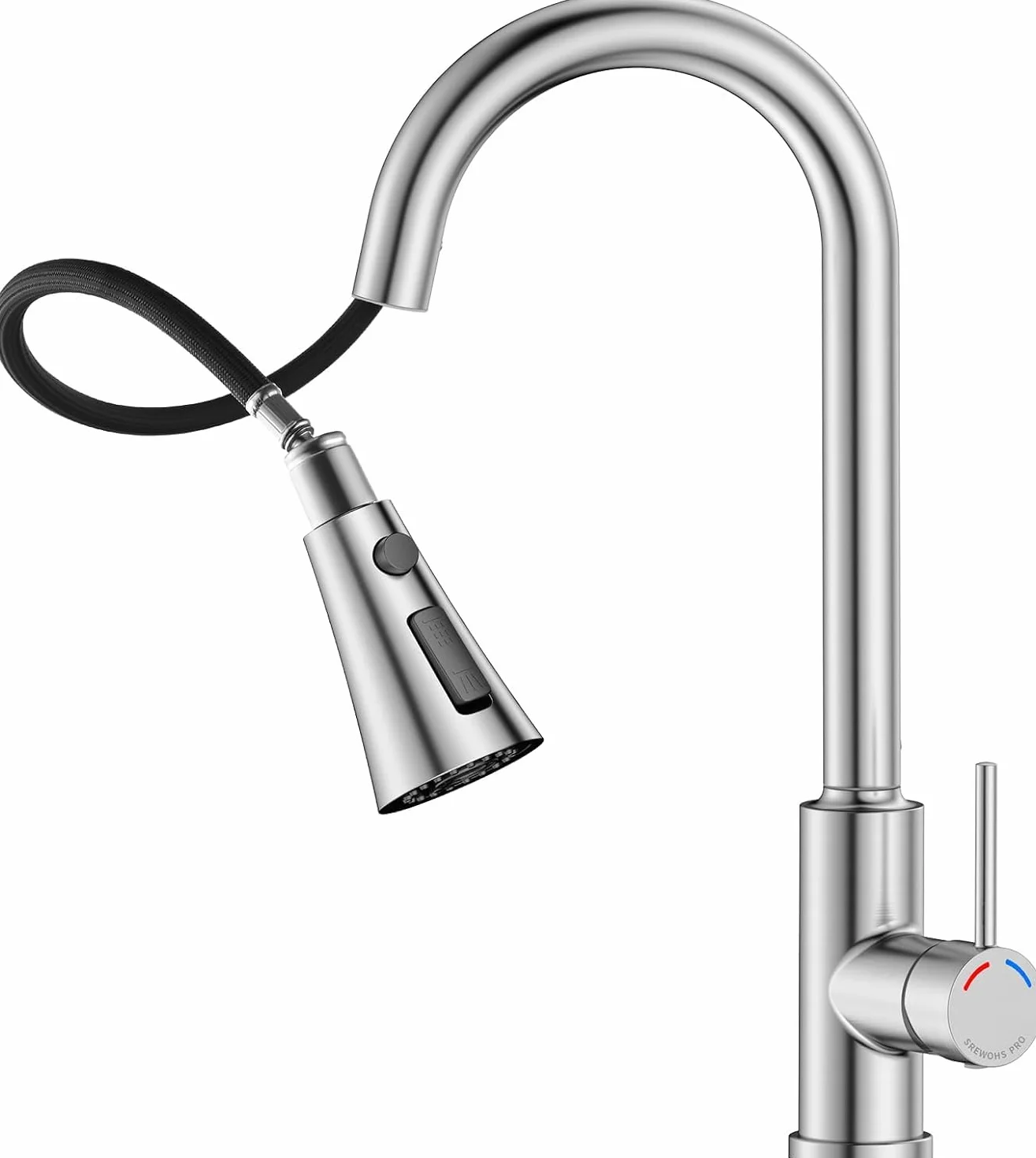 Rubinetto Cucina a Molla con Doccetta Estraibile, Miscelatore Cucina Acciaio Inox Spazzolato, Becco Alto Girevole 360°, 4 Modalità di Getto, Rubinetteria per Lavello 1 Foro (38,6 cm)