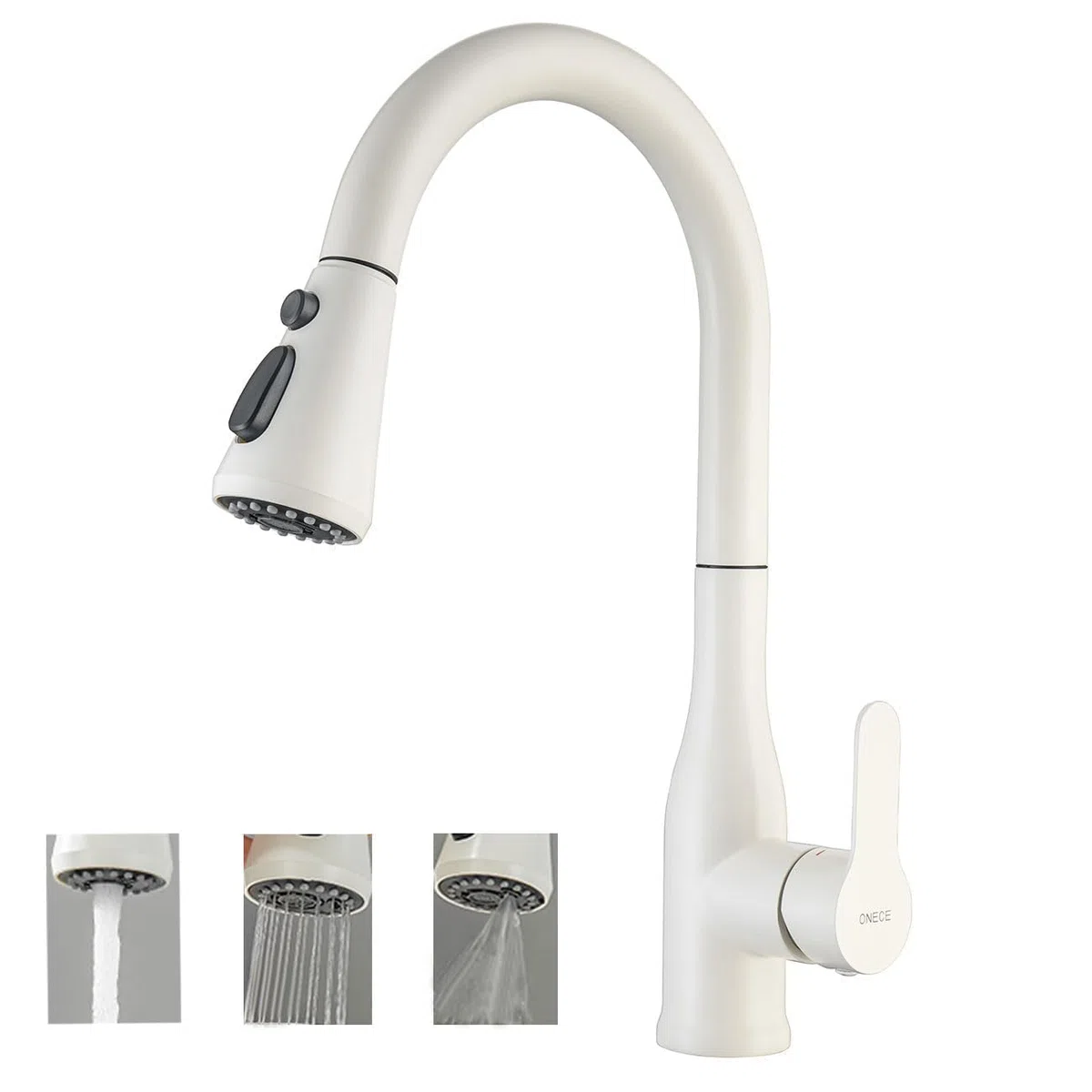 ONECE Rubinetto Cucina Bianco con Doccetta Estraibile a 3 Modalità, Miscelatore Monocomando Lavello Girevole a 360°, Rubinetti Estensibile, Acciaio Inox 304, Aeratore Rimovibile