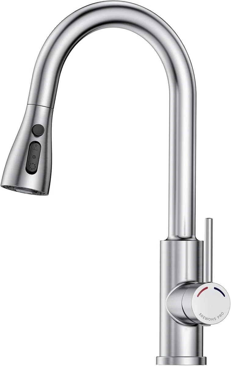 Rubinetto Lavello Cucina Estraibile, Miscelatore Cucina con 4 Modalità,360° Bocca girevole, Arco alto(227mm), Maniglia Singola Acciaio inox Rubinetti per Lavello a 1 Foro Rubinetti,Nichel