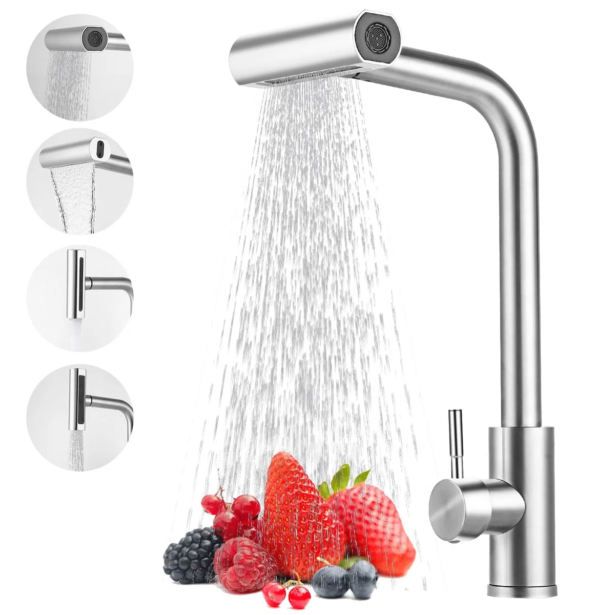 Rubinetto Lavello Cucina con 4 Modalità – Miscelatore Cucina Inox con Doccetta Estraibile, Rubinetto a Cascata per Lavello Multifunzione