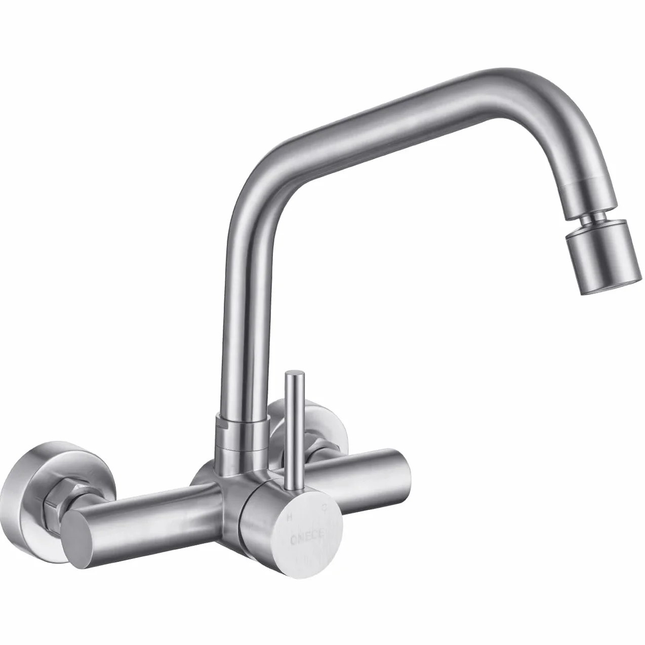 ONECE Rubinetto Cucina a Muro con 2 Modalità, Rubinetti a Parete con Ugello Rotante, Miscelatore Monocomando per Lavello Girevole a 360°, Acciaio Inox 304, Aeratore Rimovibile