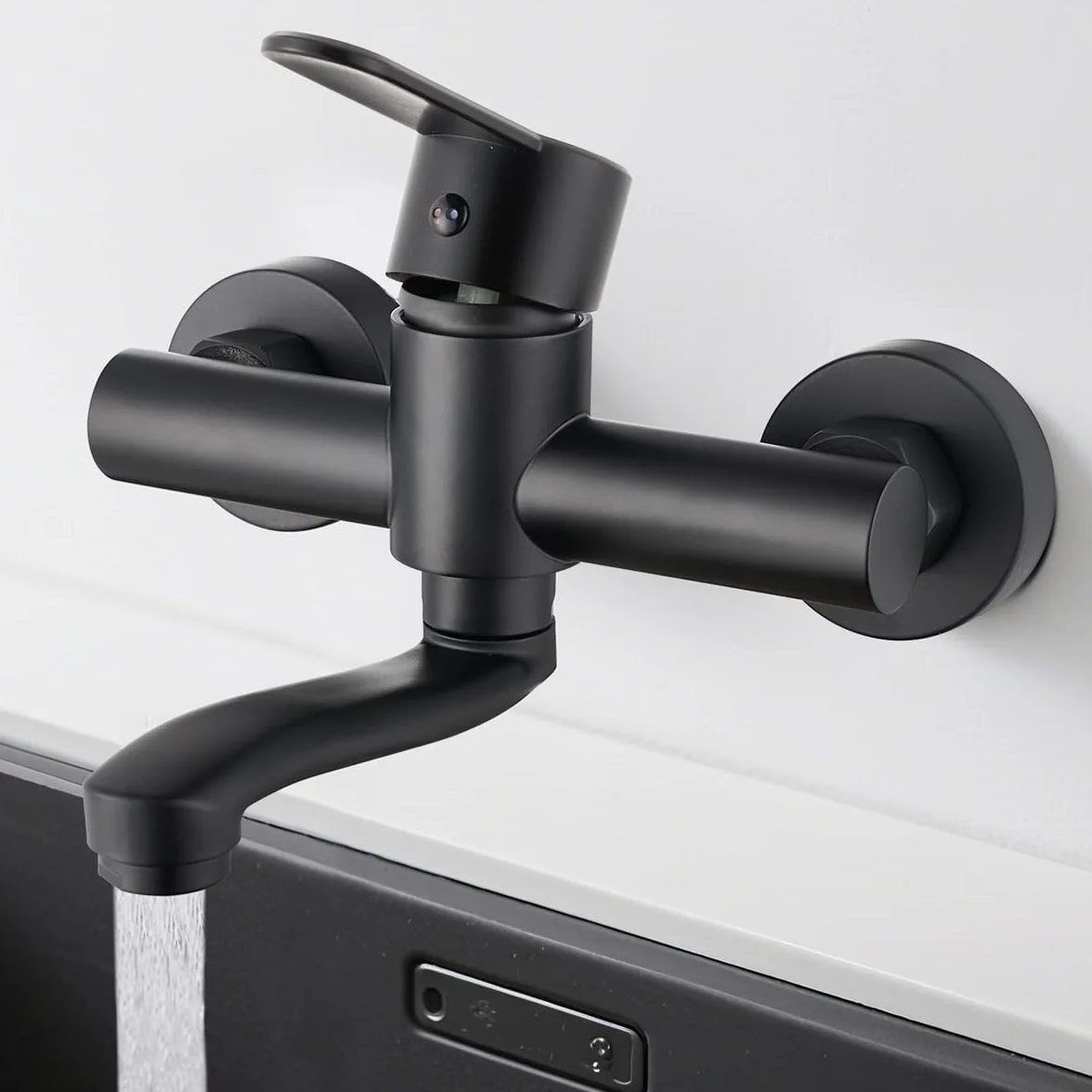 Rubinetto per Cucina a Muro per Lavello Cucina Rubinetto da Muro Girevole a 360° in Acciaio Inox Erogazione Orientabile Canna Regolabile Monocomando Completo di Braccio Girevole 15cm Nero